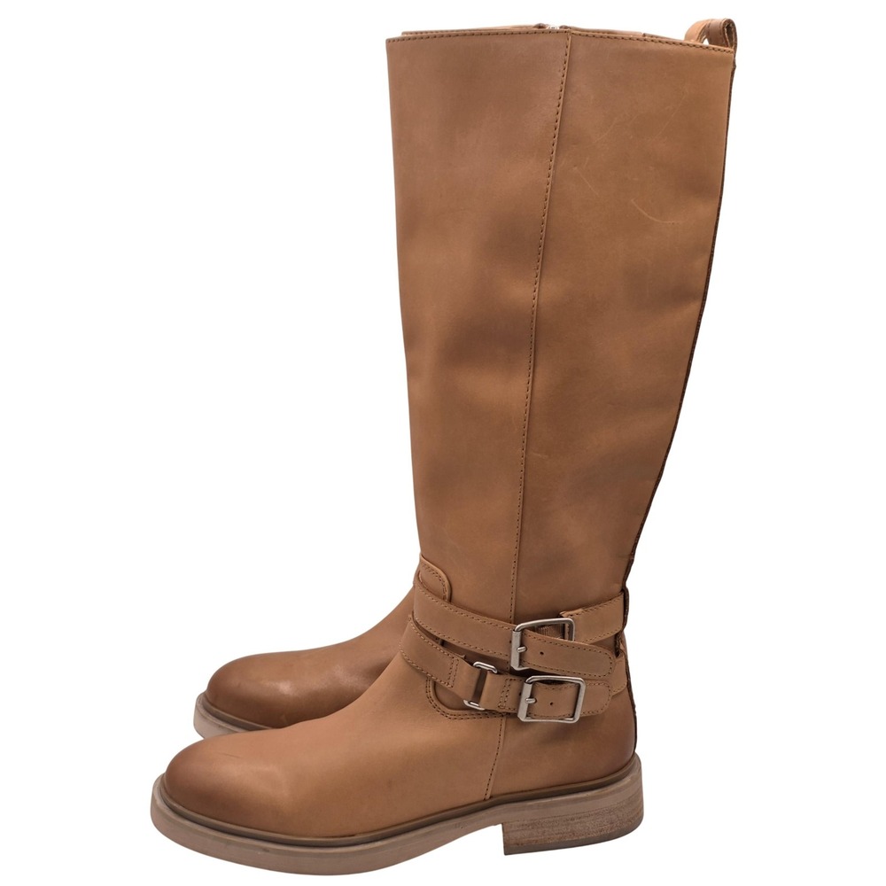 Sam Edelman Freda Riding Boots Womens 7.5 Beige Leather Knee High Buckle Zip